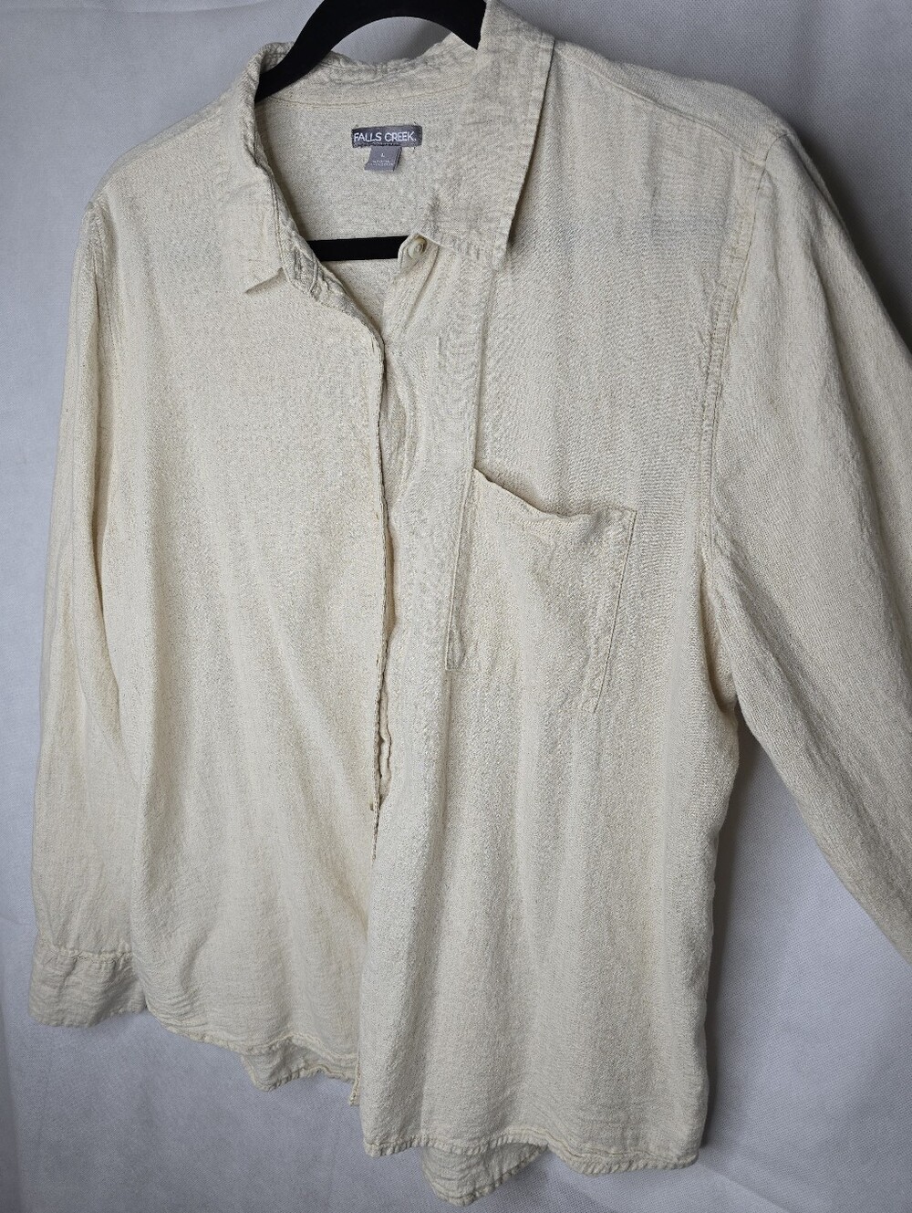 Falls Creek Linen Blend Button Up Top Ivory Beige Long Sleeve Relaxed Coastal L